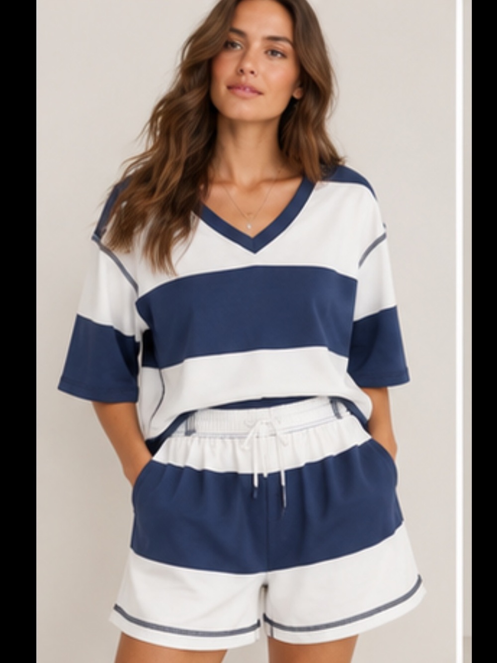 Striped V-Neck Short Sleeve Top and Shorts Set in Navy and White Size Medium